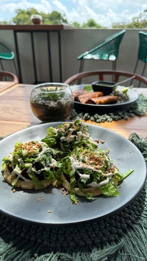 Super fluffy & crispy (waffle like) Sopes! Chorizo magic! at Casa Vegana in Tulum