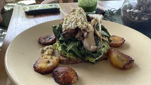 Avocado toast with spinach and “feta"  at Casa Vegana in Tulum