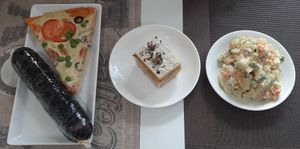 Pizza, Kimbab, Cake, and Potato salad at Vegan House in Ulaanbaatar