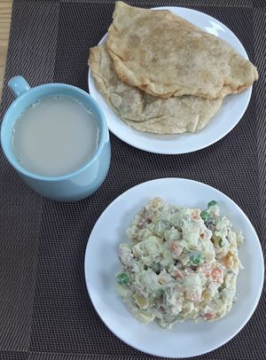 Khuushuur and Potato salad at Vegan House in Ulaanbaatar