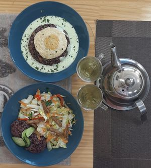 Cabbage fry and Vegan egg with black rice at Vegan House in Ulaanbaatar