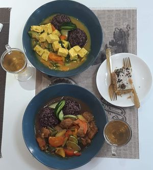 Fried tofu; Goulash; Nettle tea; Cake at Vegan House in Ulaanbaatar