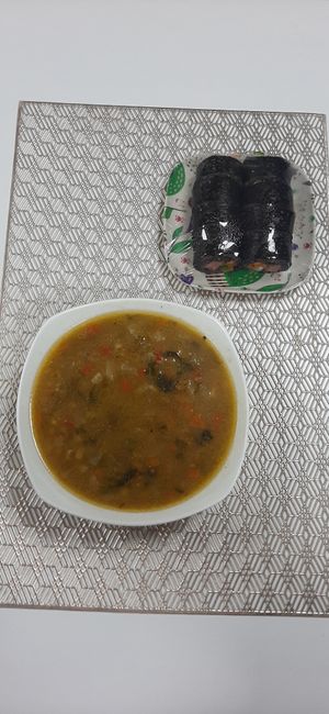 Pearl barley soup; Kimbap at Vegan House in Ulaanbaatar