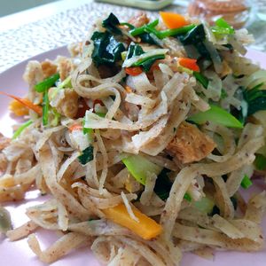 mongolian noodles...  needs hot sauce 😄 at Vegan House in Ulaanbaatar