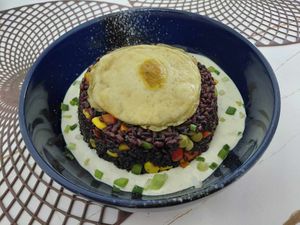 Fried rice with fried vegan egg at Vegan House in Ulaanbaatar