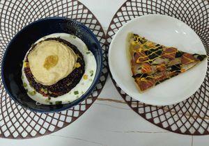 Fried rice with fried vegan egg; Pizza at Vegan House in Ulaanbaatar