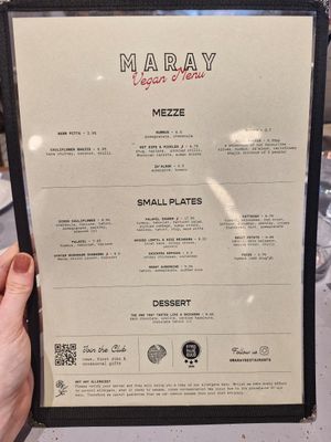 Vegan Menu as of July 2026 at Maray in Manchester