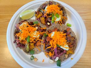 Pad Thai Buckwheat Tacos

three housemade wheat-free buckwheat/oat tortillas at The Uprooted Kitchen in Gilbert