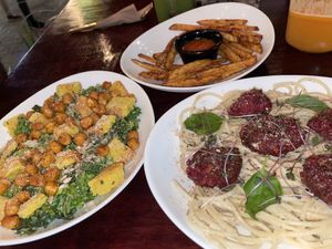 Cesar salad with chickpeas. Air fried french fries. Alfredo with a beat and lentil meatballs.  at Tierra Verde in Playa Del Carmen