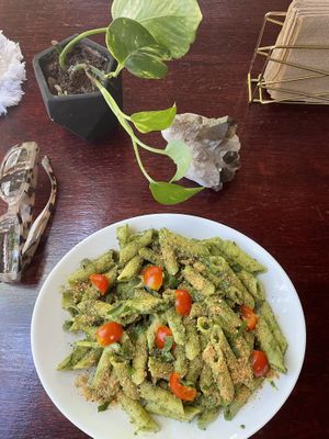 Gluten free pesto pastaaaa 🫶🏼🍀🌴🦎✨  at Tierra Verde in Playa Del Carmen