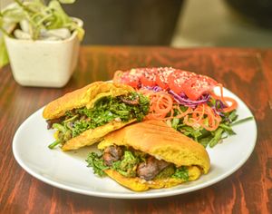 Tara Panini with Grilled Mushrooms, Kale, Broccoli, Spinach & Cashew Mozzarella at Tierra Verde in Playa Del Carmen