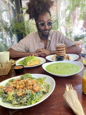 Kale Caesar, omelette, green goddess soup, hotcakes   at Tierra Verde in Playa Del Carmen