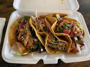 Tacos!  Carne asada, pollo, and chorizo.  100% yum !  at The Vegan Vato in Victorville