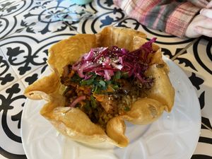 Taco salad with the jackfruit “chicken"  at The Vegan Vato in Victorville