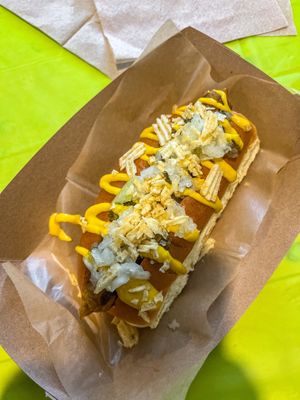 Classic dog! Seitan dog with sweet relish, mustard, onion & green onion, crushed potato chips! This was huge. Super messy, but good! at Basil & Bunny in Bristol