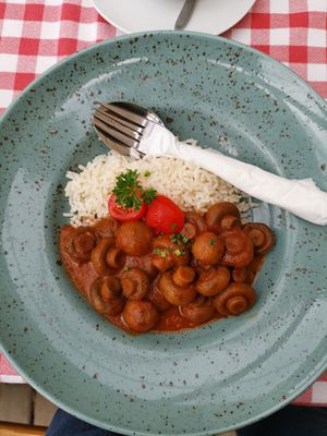 champignon gloulash with rice at Berggasthof Hollhaus und Bummelzug in Tauplitz