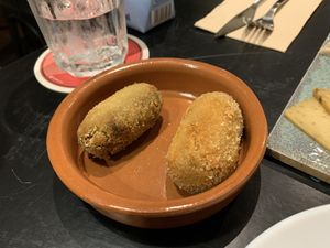 Croqueta de berenjena y croqueta de setas  at La Perra Verde in Barcelona