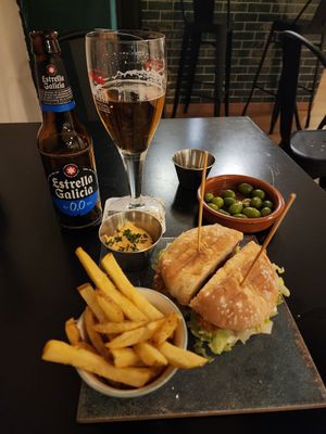 Kimchi dipping sauce, oyster mushroom sandwich. at La Perra Verde in Barcelona