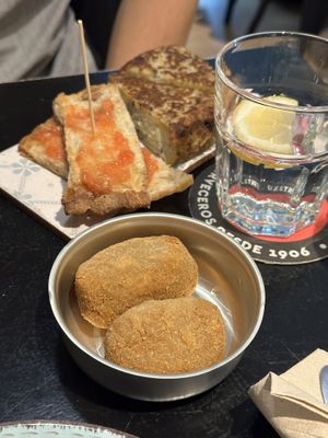 Croquetas and spanish omelette!  at La Perra Verde in Barcelona