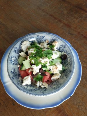 Watermelon salad with vegan cheese at PENTAGON in Lisbon