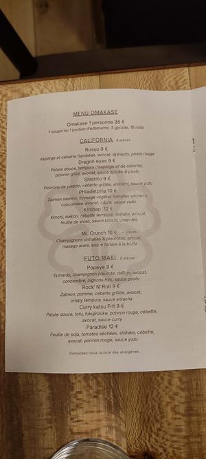 evening menu at Bloom Sushi in Paris