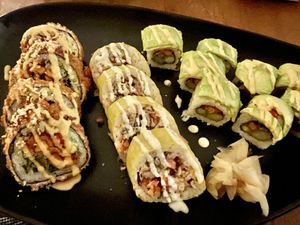 Fried curry katsu Futo makis/Paradise FM/Dragon eyes California makis  at Bloom Sushi in Paris