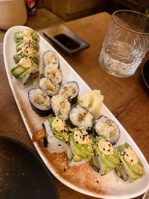 Oyster Mushroom Tempura Hosso Maki Roll and Dragon Eyes California Roll   at Bloom Sushi in Paris