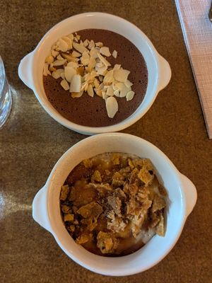 Chocolate mousse (top) and banana cream dessert (bottom) at Bloom Sushi in Paris