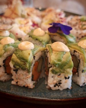 Dragon eyes
Sweet potato, asparagus tempura,
spring onion, avocado, spicy sauce at Bloom Sushi in Paris