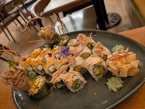 Philadelphia, Aki tone, and Soba Blossom rolls at Bloom Sushi in Paris