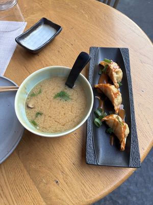 Miso soup and gyoza  at Bloom Sushi in Paris