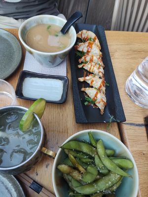 Miso soup, edemame and gyoza as starters at Bloom Sushi in Paris