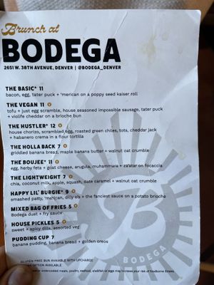 Brunch menu, V means vegan option available!   at Odie B's in Denver