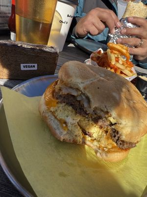 Vegan Hustler with fries and banana bread.. breakfast of champions 😝  at Odie B's in Denver
