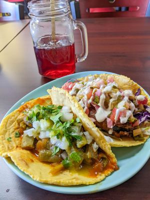 Taco de Nopales and Ensenada Fish Taco. at El Cantaro Vegan Taqueria in Sacramento