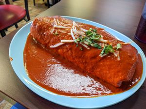 Veggie Supreme wet burrito. at El Cantaro Vegan Taqueria in Sacramento