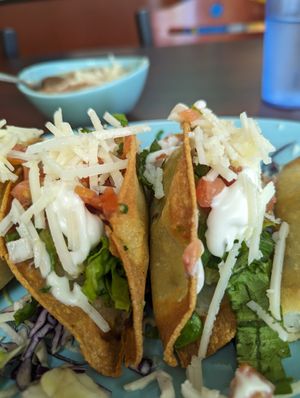 Close up of Crispy Potato Tacos at El Cantaro Vegan Taqueria in Sacramento
