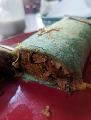 Close up BBQ Chik'n burrito at El Cantaro Vegan Taqueria in Sacramento