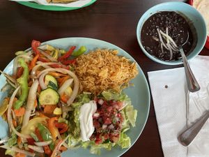 vegetable fajita with side of black beans  at El Cantaro Vegan Taqueria in Sacramento