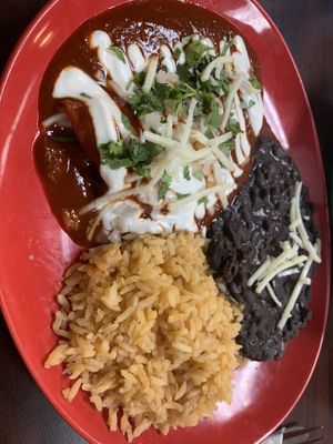 Combo plate 2: spinach enchiladas with red sauce  at El Cantaro Vegan Taqueria in Sacramento