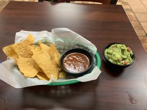 Chips n salsa on the house, as 4 oz guacamole for $3.25  at El Cantaro Vegan Taqueria in Sacramento