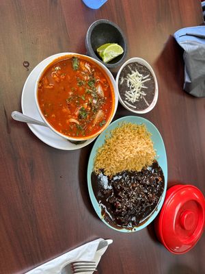 Pozole soup, authentic Molé Negro  at El Cantaro Vegan Taqueria in Sacramento