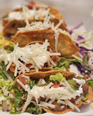 Crispy tacos - 2 potato, 1 chicken, 1 steak at El Cantaro Vegan Taqueria in Sacramento