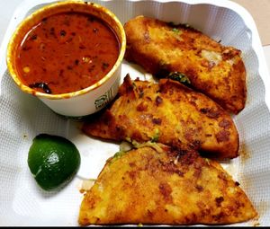 Quesabirria tacos. Better to get these dining in. at El Cantaro Vegan Taqueria in Sacramento