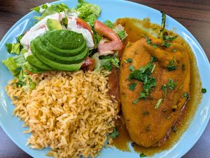 Chile rellano platter at El Cantaro Vegan Taqueria in Sacramento