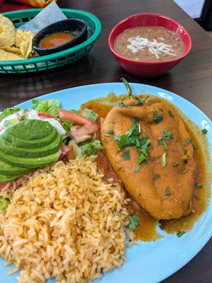 Chile rellano platter with pinto beans at El Cantaro Vegan Taqueria in Sacramento
