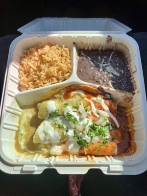 Spinach enchiladas with xmas sauce  at El Cantaro Vegan Taqueria in Sacramento