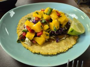Soft Baja fish taco with Mango salsa at El Cantaro Vegan Taqueria in Sacramento