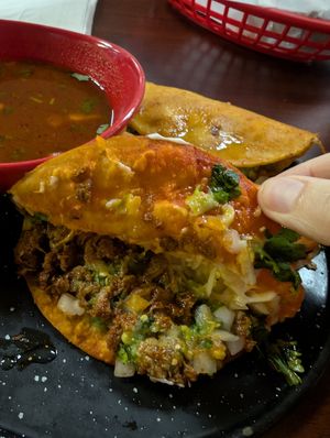 Inside quesa-birria tacos at El Cantaro Vegan Taqueria in Sacramento