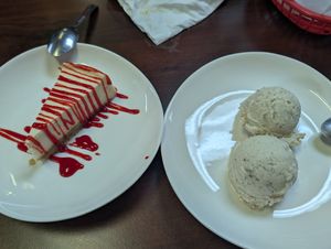 Cheesecake & vanilla ice cream, absolutely delicious at El Cantaro Vegan Taqueria in Sacramento